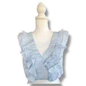 And Now This Ruffle‎ Crop Top Blue White Stripe Cotton V-Neck Sleeveless Medium